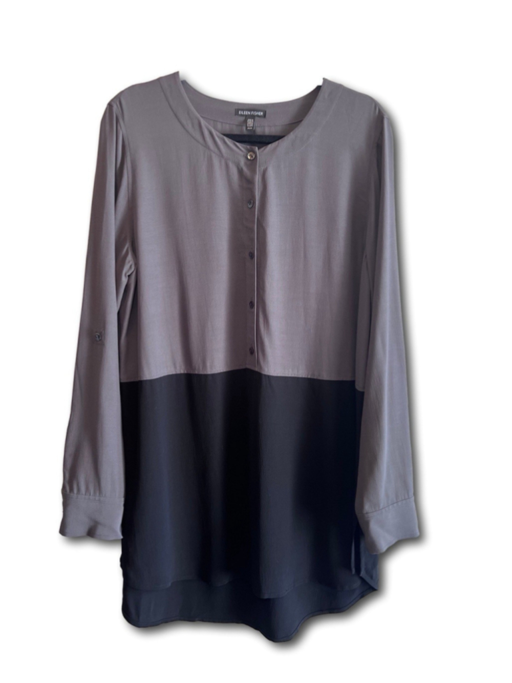Eileen Fisher Colorblock Black Gray Front Button Tunic Roll Tab Sleeve Size Med